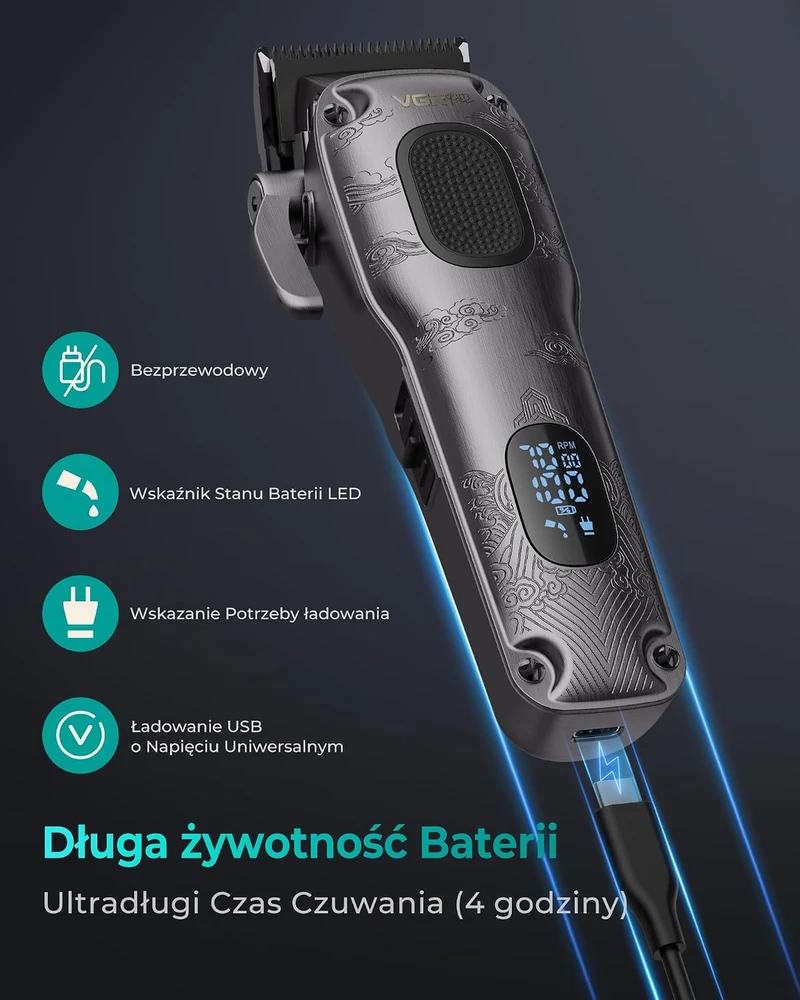 VGRPRO plaukų kirpimo mašinėlė V-007, belaidė, 7000 aps./min., USB-C