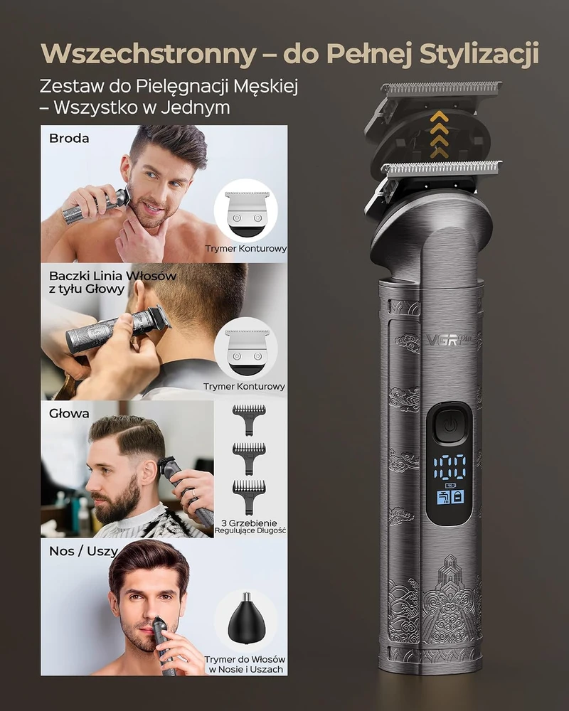 VGRPRO plaukų kirpimo mašinėlių, trimerio ir folijinio skustuvo rinkinys V-007 V-109 V-337