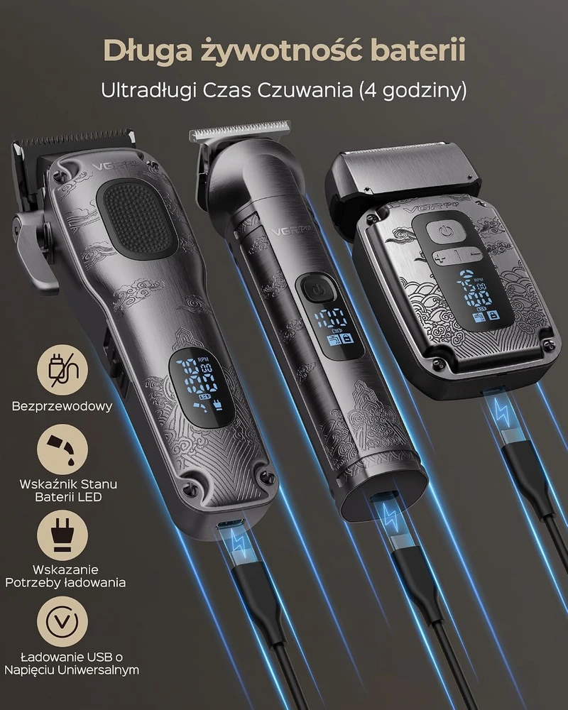 VGRPRO plaukų kirpimo mašinėlių, trimerio ir folijinio skustuvo rinkinys V-007 V-109 V-337