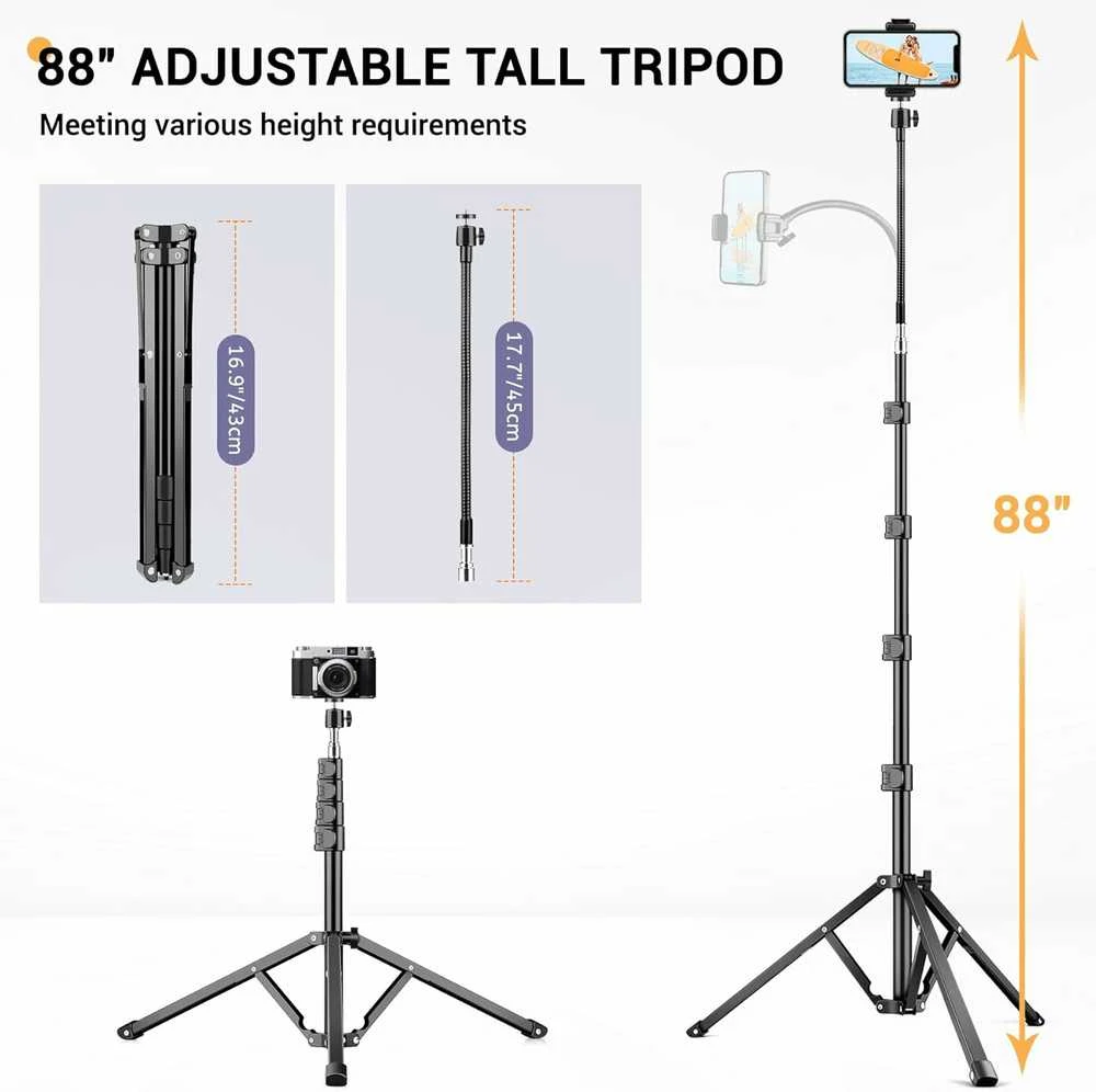 Victiv P70 aukštas aliuminio trikojis telefonams ir fotoaparatams, 224 cm, juodas