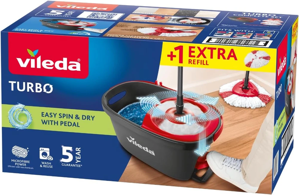 Vileda grindų plovimo rinkinys su kibiru ir mikropluošto šluoste Turbo EasyWring & Clean, pilka/raudona