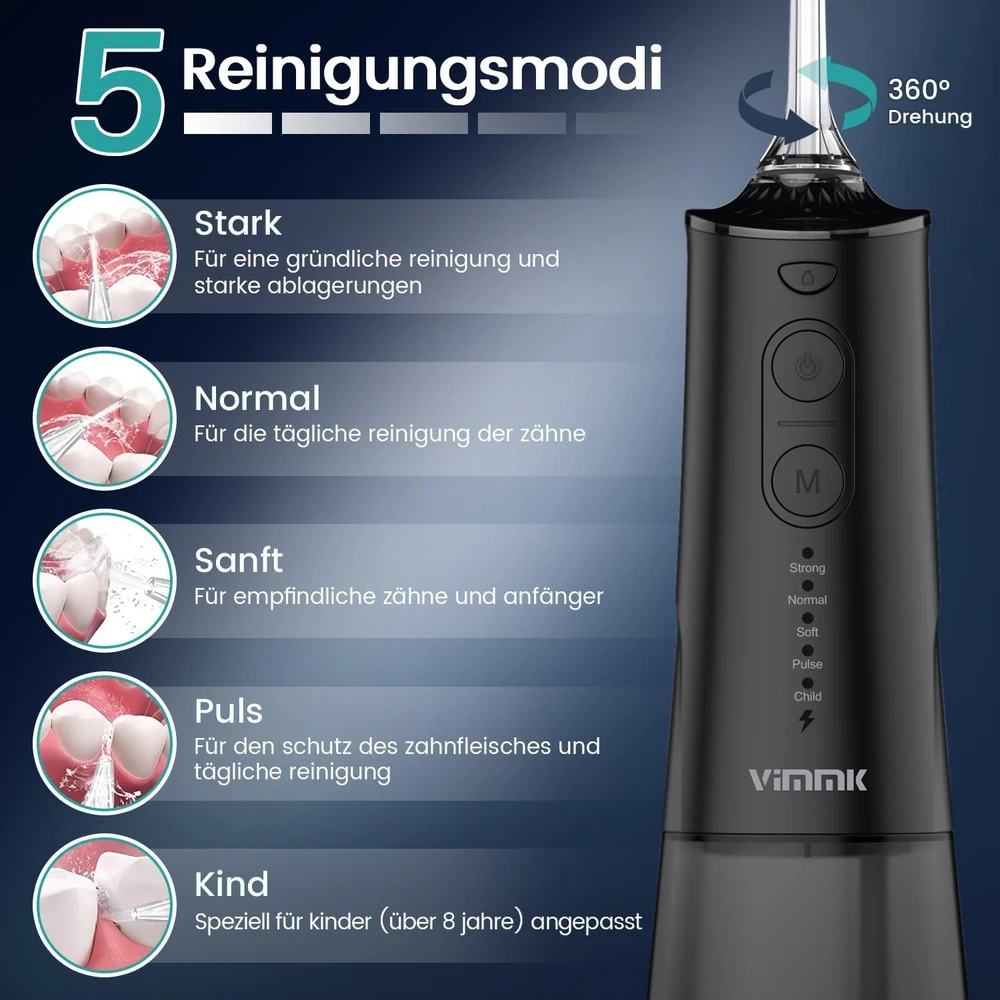 Vimmk belaidis burnos irigatorius, 5 režimai, 8 antgaliai, USB-C, 300 ml, Y208