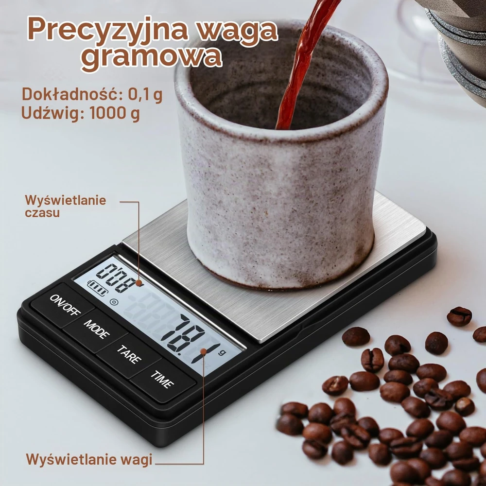 Virtuvinės svarstyklės UNIWEIGH kavos svarstyklės su laikmačiu, 1000 g, 0,1 g tikslumas, UW1-1000-BK