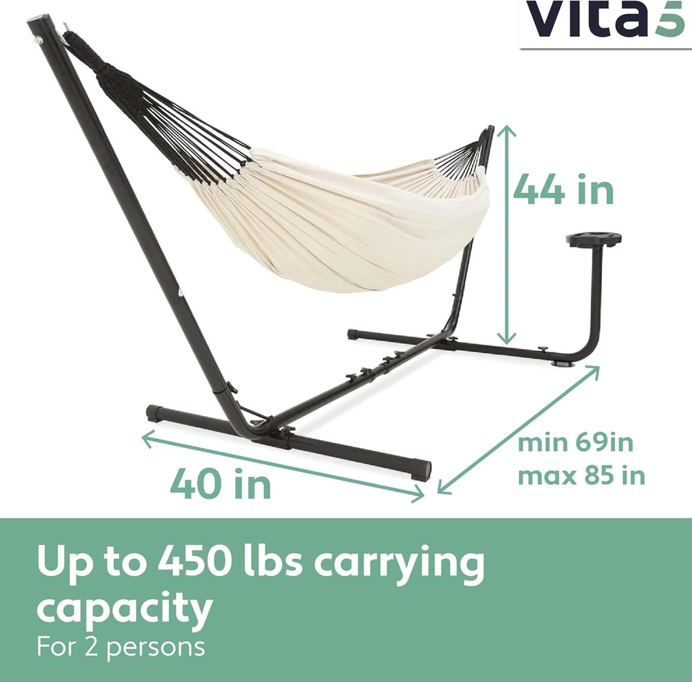 VITA5 dvigubas medvilninis hamakas su plieniniu rėmu, 210 x 140 cm, 205 kg