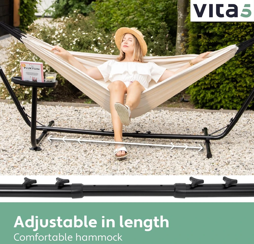 VITA5 dvigubas medvilninis hamakas su plieniniu rėmu, 210 x 140 cm, 205 kg