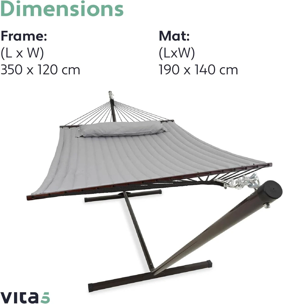 VITA5 lauko hamakas su stovu, dvigubas, 3,7 m x 1 m, 200 kg apkrova, pilkas, 5437344