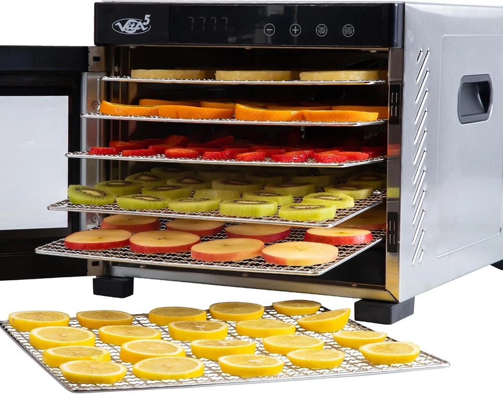 Vita5 maisto džiovintuvas iš nerūdijančio plieno, 6 padėklai, reguliuojama temperatūra 35–75 °C, 650 W, Nobel Pro6