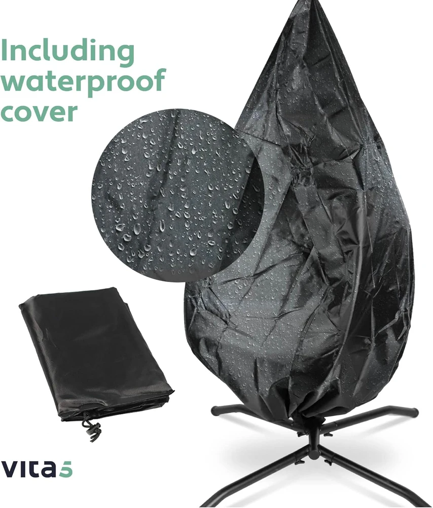 VITA5 pakabinamas rotango fotelis su stovu, 150 kg apkrova, kremiškai baltas, 107 x 104 cm