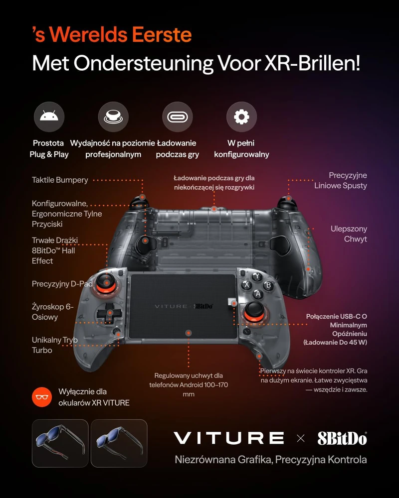 VITURE mobilusis žaidimų valdiklis su Hall Effect svirtimis, USB-C, 8BitDo, belaidis, skirtas XR akiniams