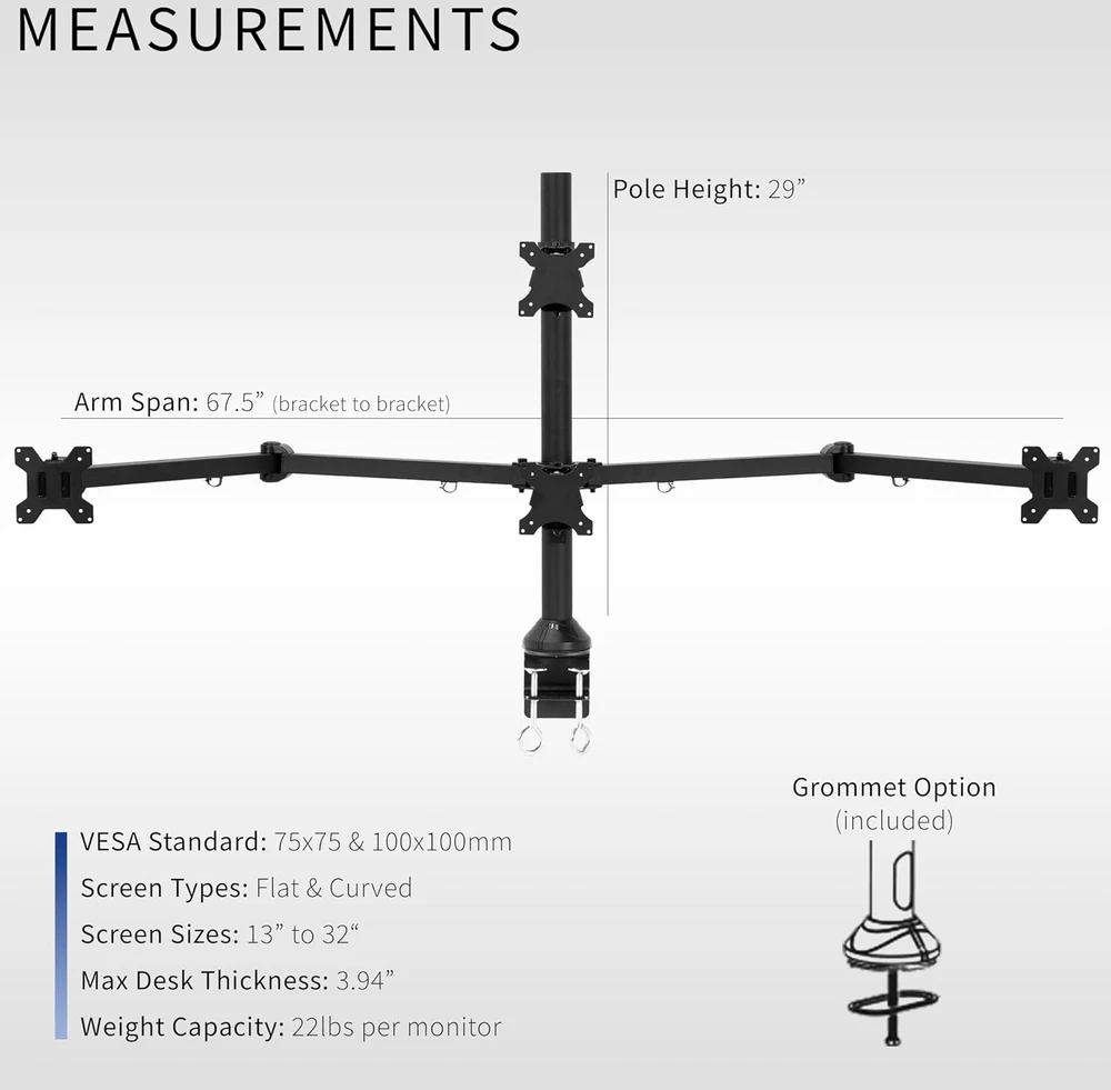 VIVO keturių monitorių stalinis laikiklis 33–81,3 cm, VESA 75 × 75/100 × 100 mm STAND-V104A