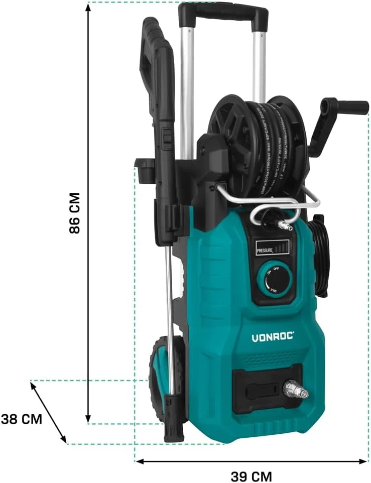 VONROC aukšto slėgio plovimo įrenginys 2400 W, 180 bar, 420 l/h, 10 m plieno žarnos apvalkalas