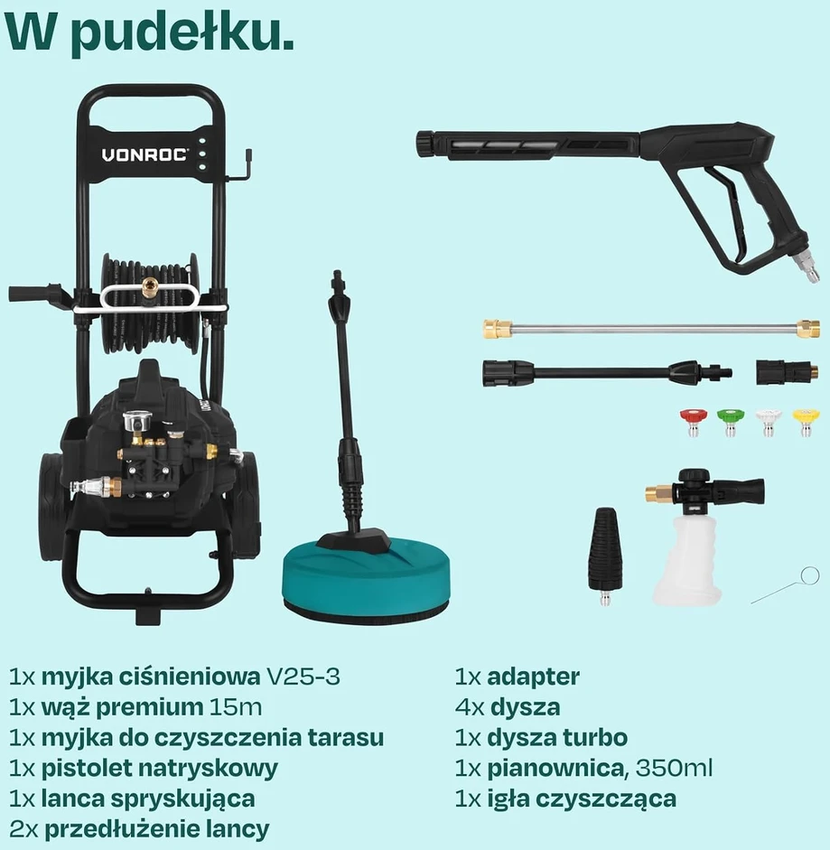 VONROC aukšto slėgio plovimo įrenginys 2500 W 180 bar 15 m žarna PRO V25-3