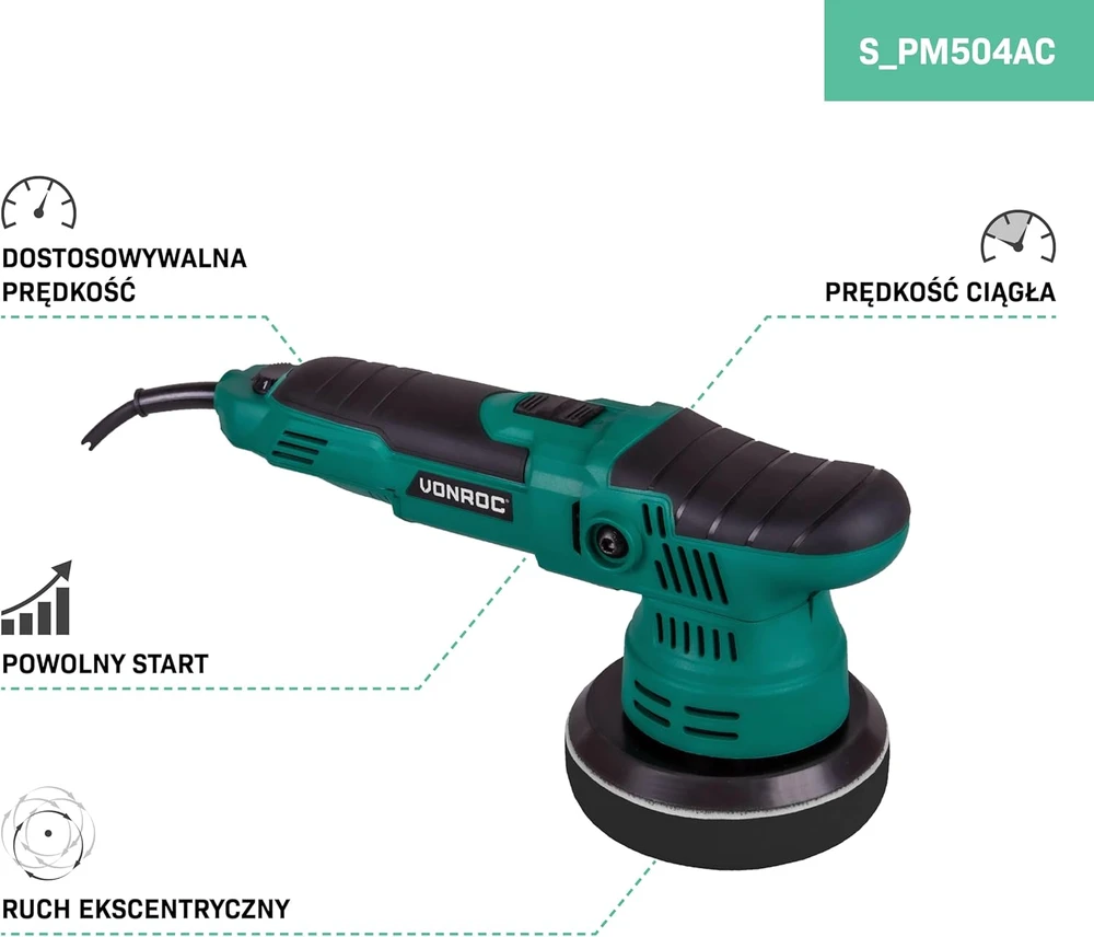 VONROC ekscentrinė poliravimo mašina 650 W 125 mm, reguliuojamas greitis, 7 padų rinkinys, S2_PM504AC modelis