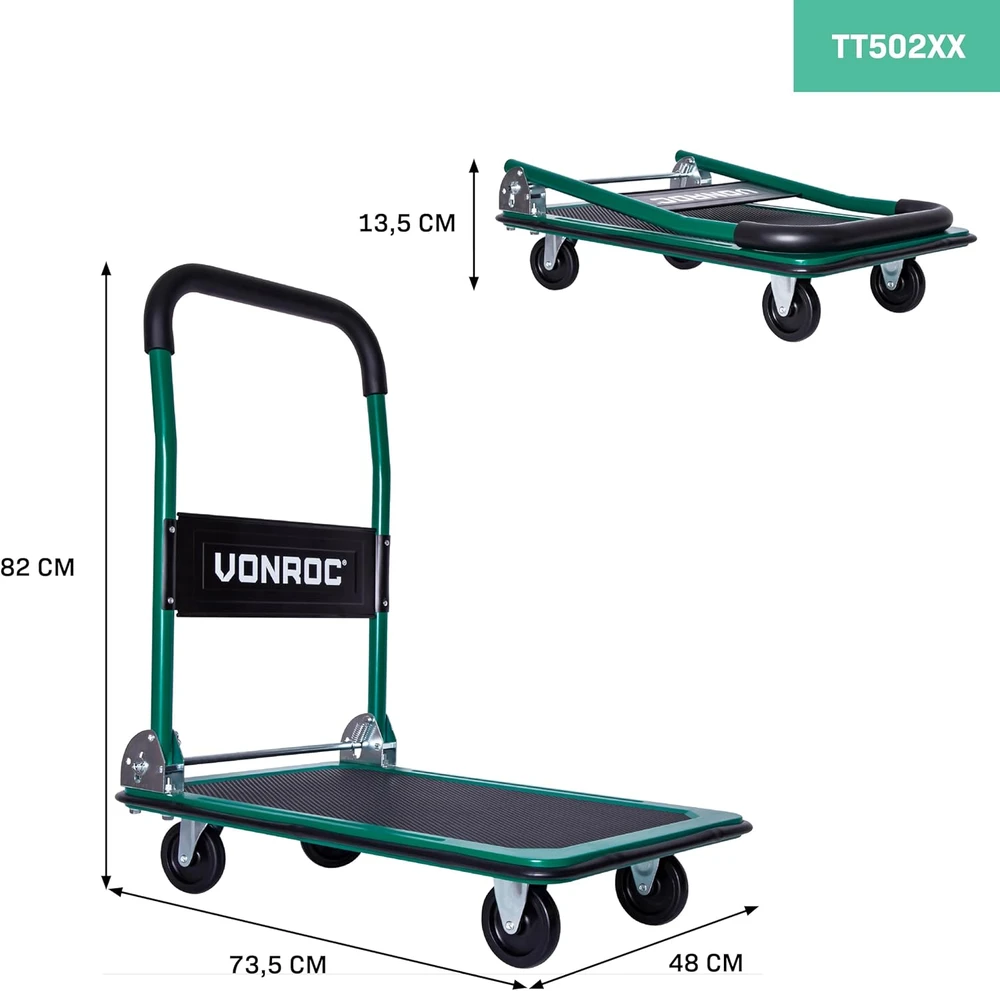 VONROC sulankstomas transportavimo vežimėlis, 150 kg apkrova, guminiai ratukai, TT502XX