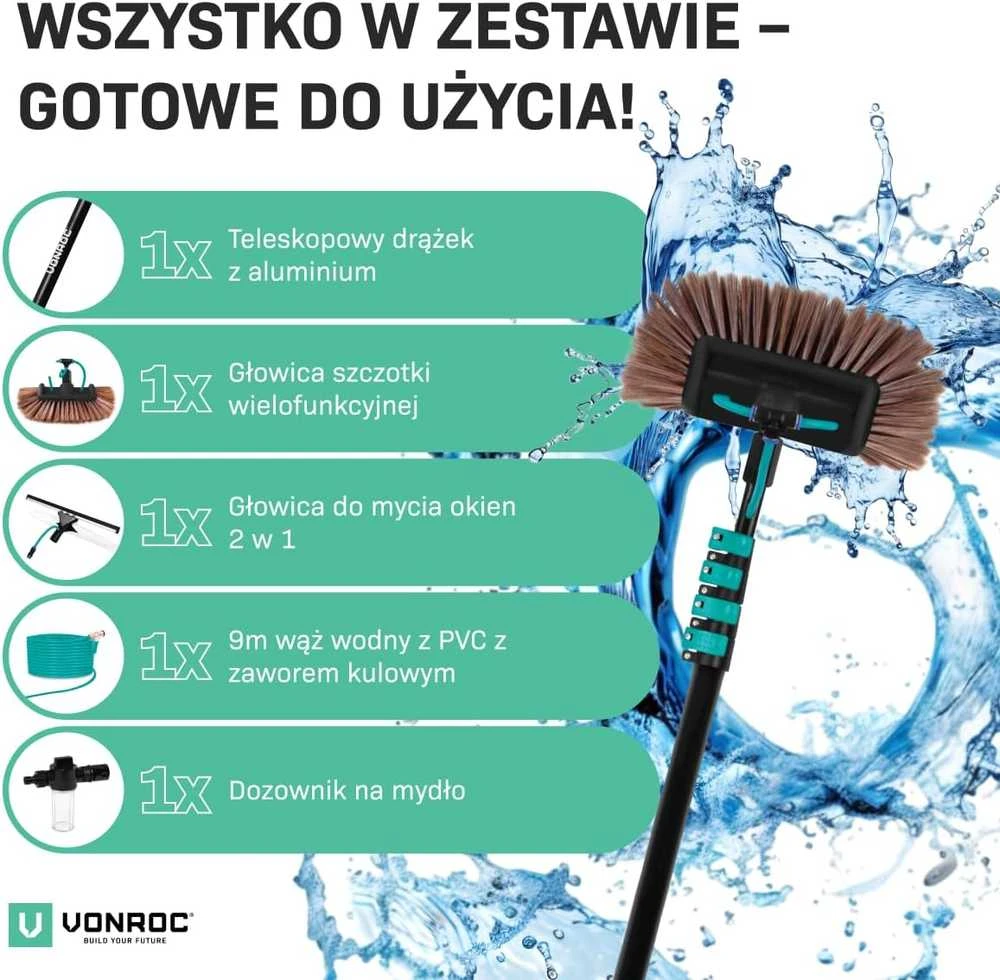 VONROC teleskopinė valymo šluota su 9 m žarna, 6,5 m ilgio, dozatoriumi ir dvejomis galvutėmis TB502XX