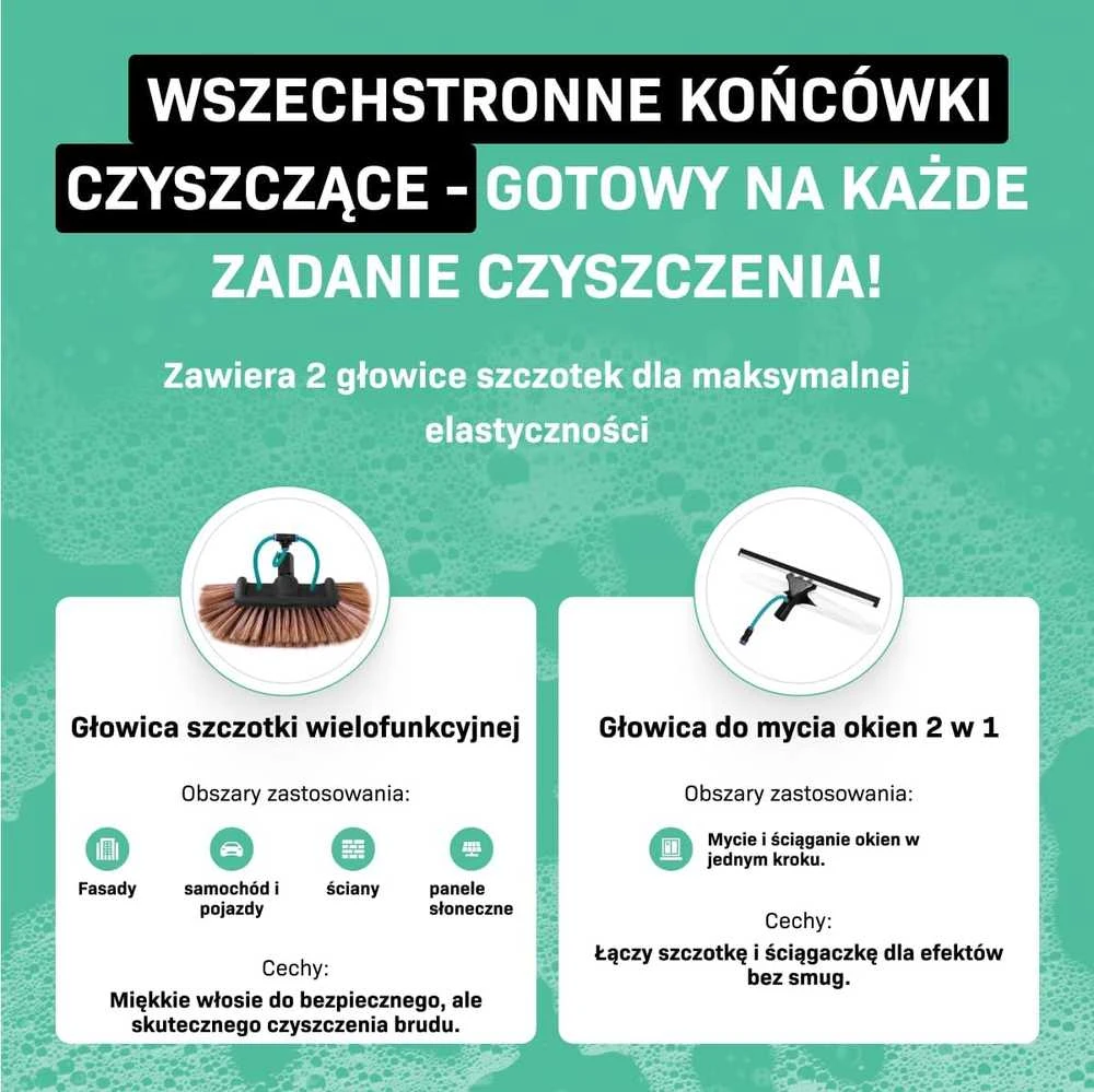 VONROC teleskopinė valymo šluota su 9 m žarna, 6,5 m ilgio, dozatoriumi ir dvejomis galvutėmis TB502XX