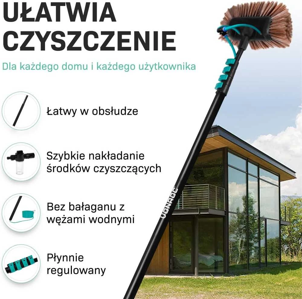 VONROC teleskopinė valymo šluota su 9 m žarna, 6,5 m ilgio, dozatoriumi ir dvejomis galvutėmis TB502XX