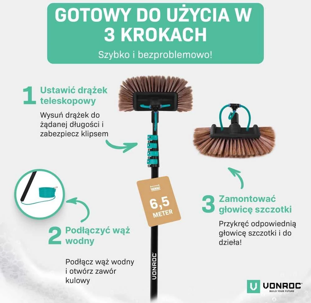 VONROC teleskopinė valymo šluota su 9 m žarna, 6,5 m ilgio, dozatoriumi ir dvejomis galvutėmis TB502XX