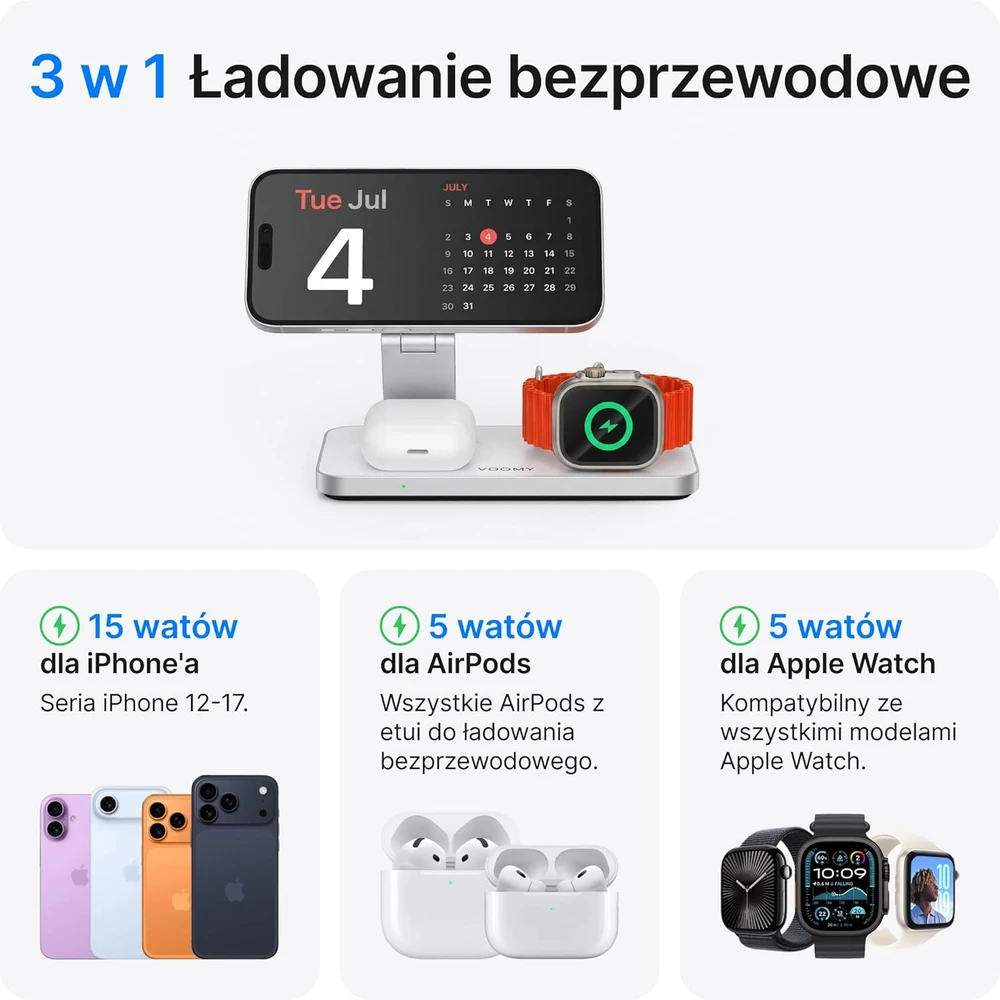 Voomy belaidė įkrovimo stotelė 3 viename, 15 W, Qi, USB-C, W3S