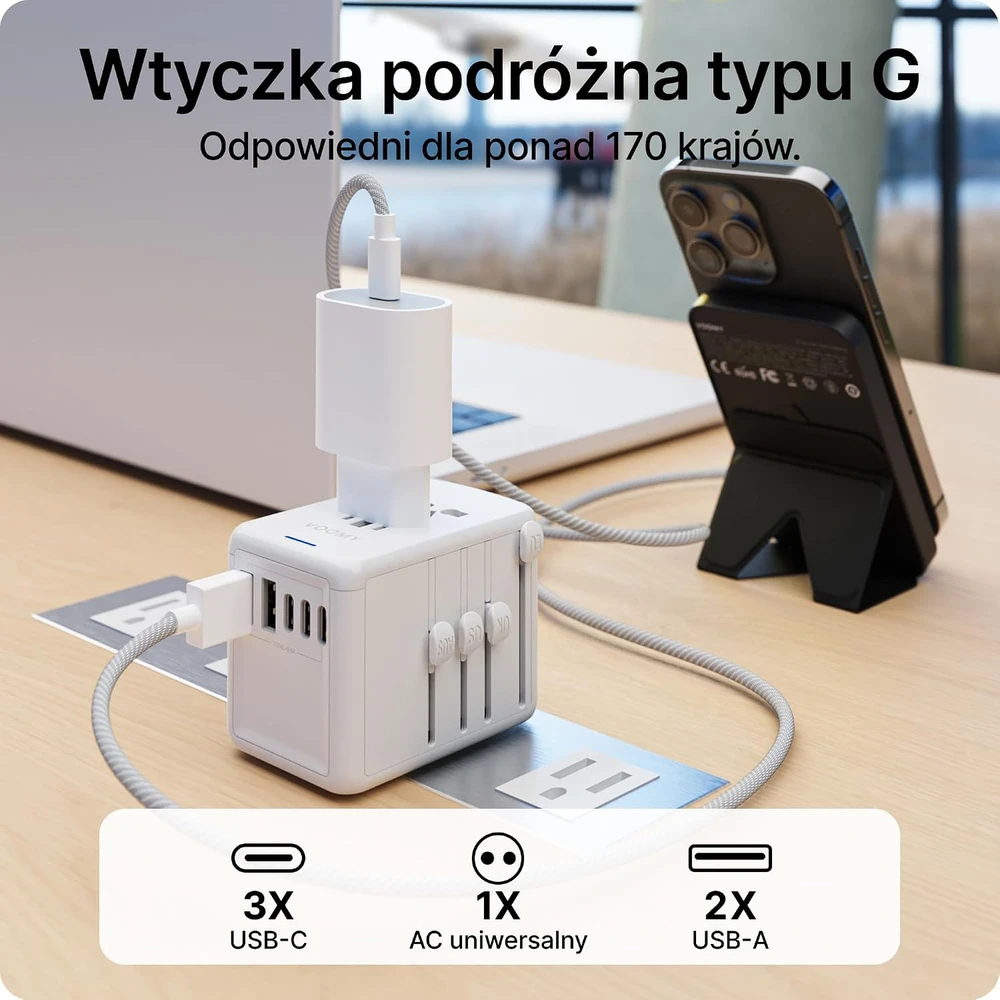 Voomy kelioninis kištukų adapteris daugiau nei 170 šalių su 3 USB-C ir 2 USB-A 8720153812849