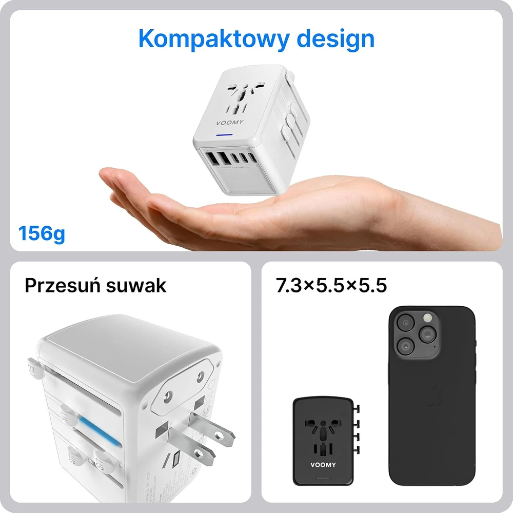 Voomy kelioninis kištukų adapteris daugiau nei 170 šalių su 3 USB-C ir 2 USB-A 8720153812849