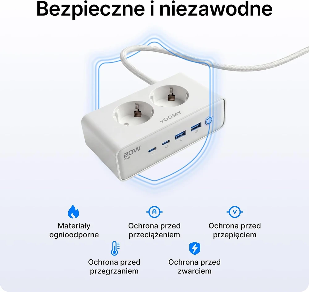 Voomy maitinimo ilgintuvas su 4 USB jungtimis, 65 W, 2 m, 2 lizdais, S20