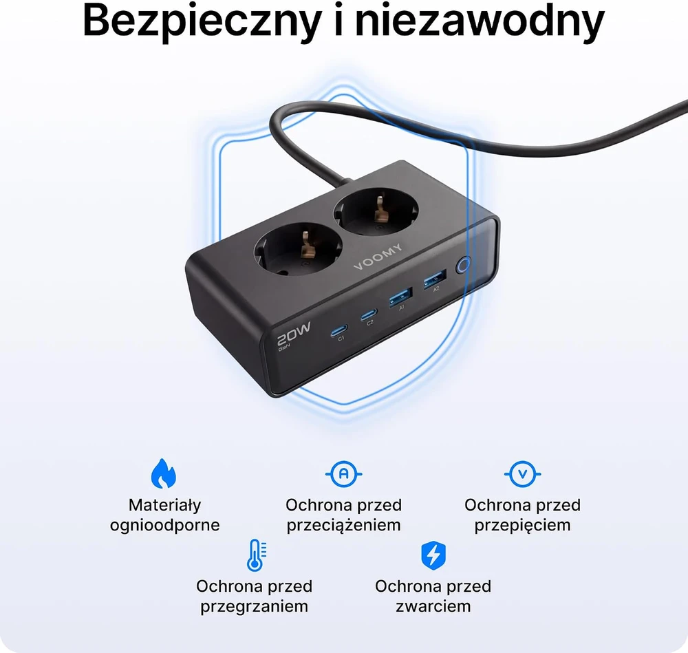 Voomy maitinimo ilgintuvas su 4 USB jungtimis, 2 lizdais, 65 W ir 2 m laidu S20