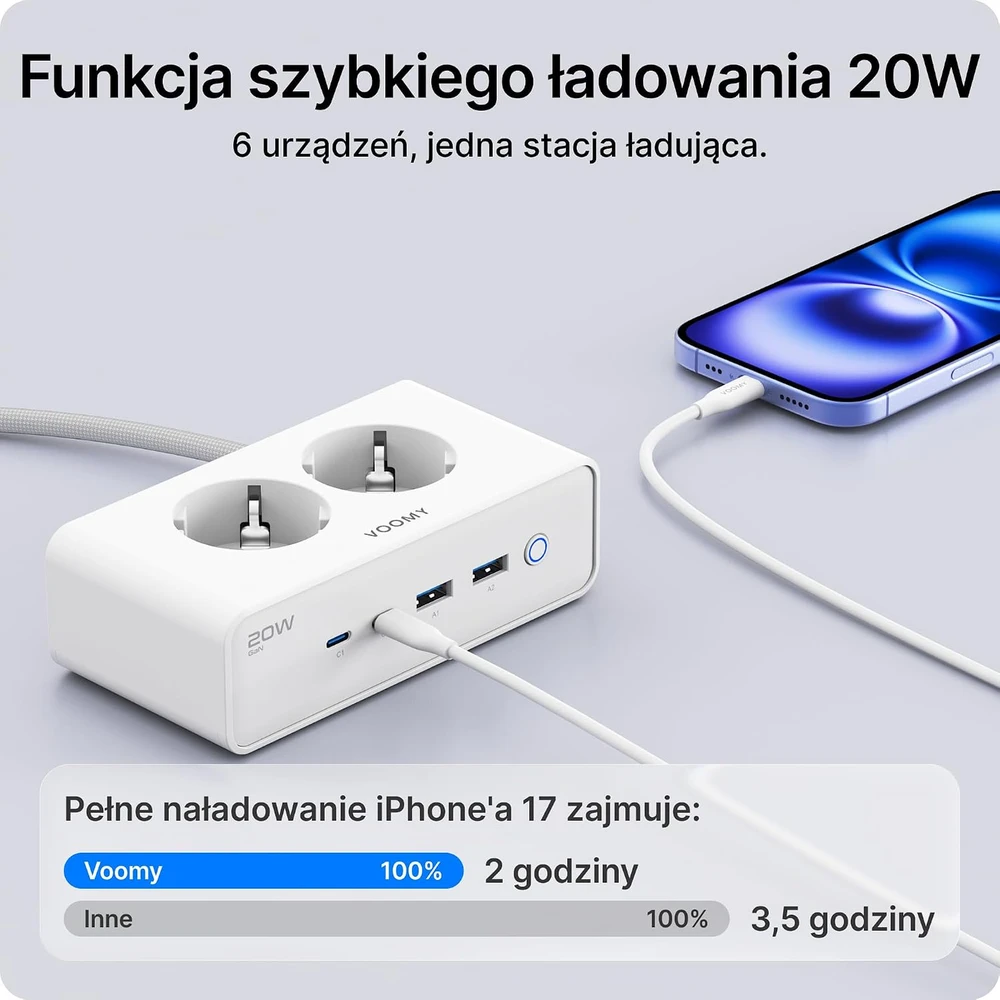 Voomy maitinimo ilgintuvas su 4 USB jungtimis, 65 W, 2 m, 2 lizdais, S20