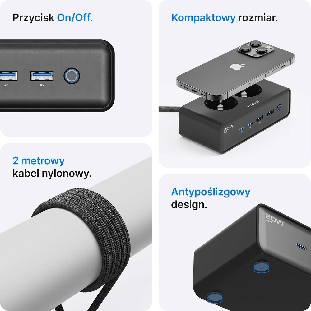 Voomy maitinimo ilgintuvas su 4 USB jungtimis, 2 lizdais, 65 W ir 2 m laidu S20
