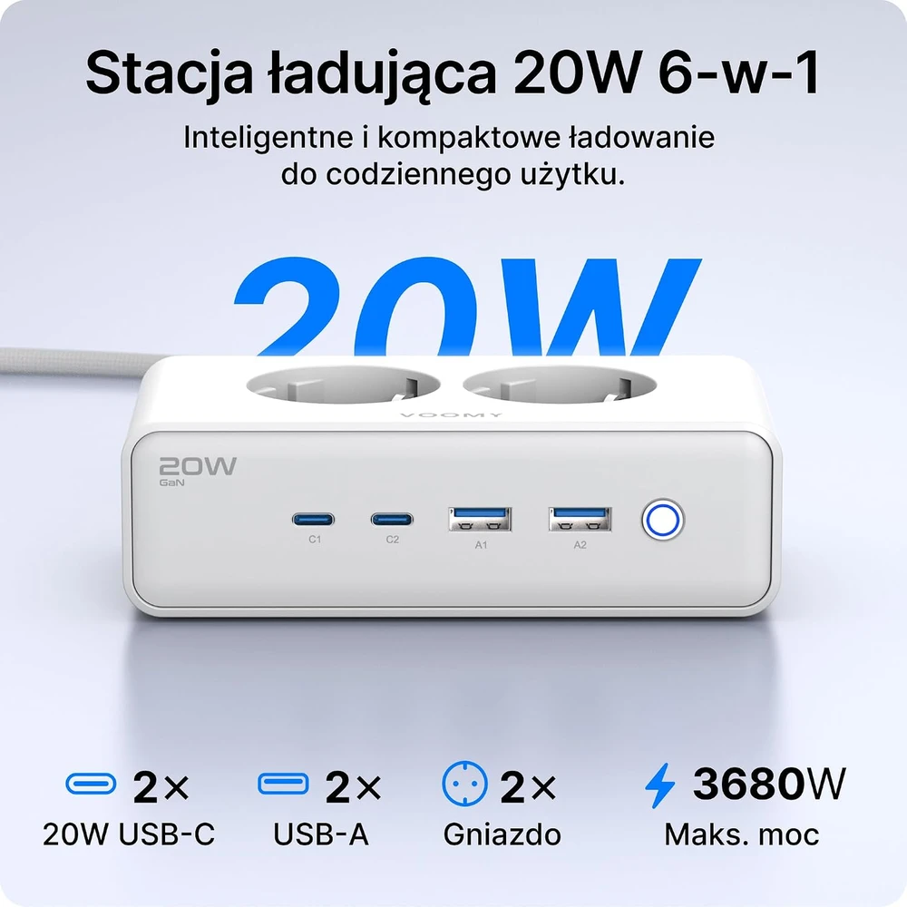 Voomy maitinimo ilgintuvas su 4 USB jungtimis, 65 W, 2 m, 2 lizdais, S20