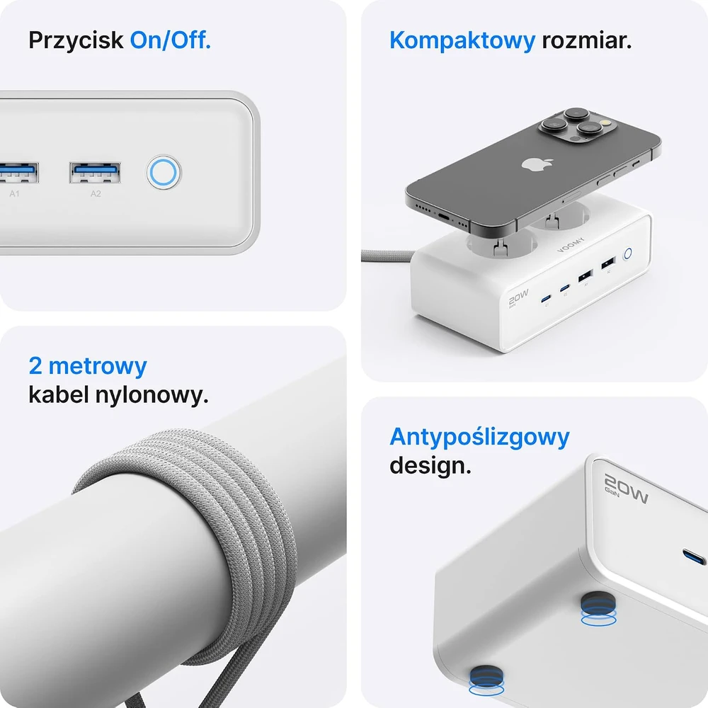 Voomy maitinimo ilgintuvas su 4 USB jungtimis, 65 W, 2 m, 2 lizdais, S20