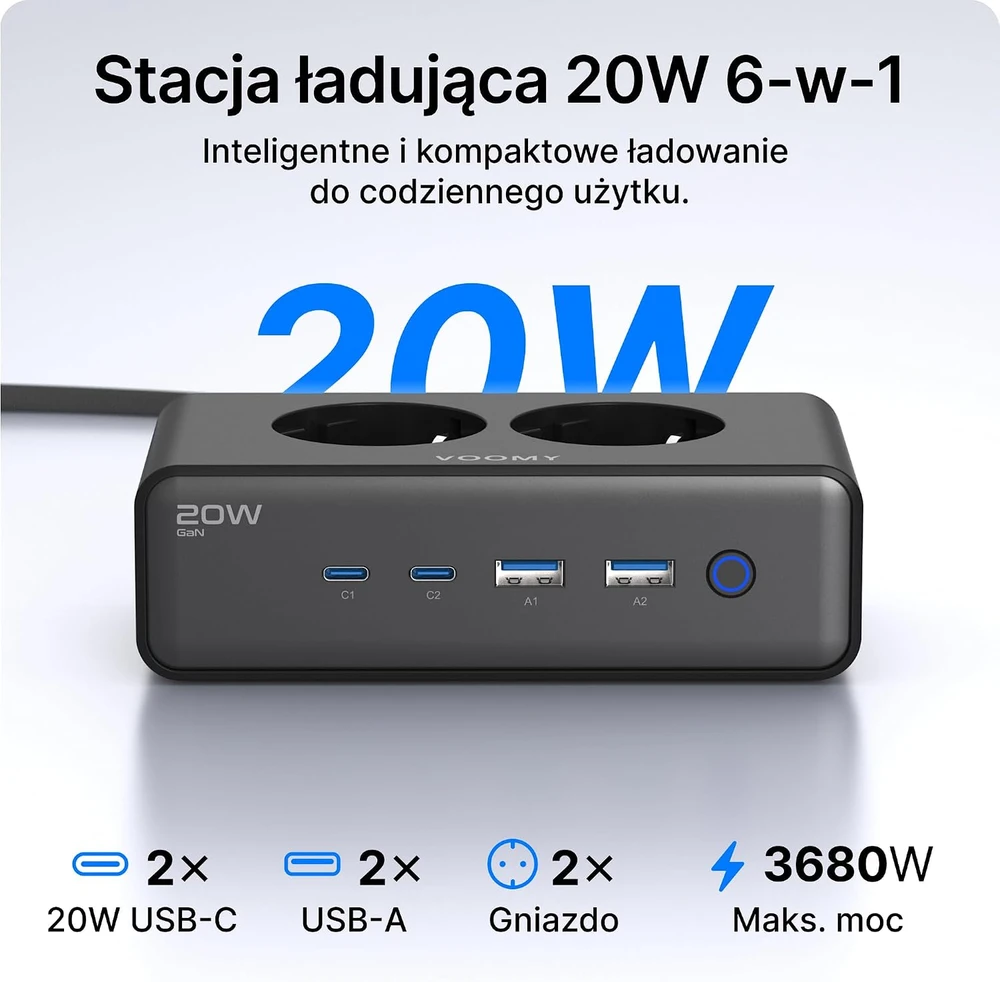 Voomy maitinimo ilgintuvas su 4 USB jungtimis, 2 lizdais, 65 W ir 2 m laidu S20