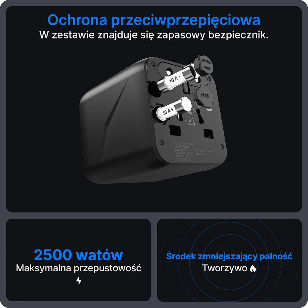 Voomy universalus kelioninis elektros lizdo adapteris 2500 W, 170+ šalių, Y601