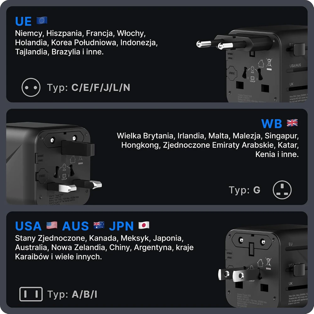 Voomy universalus kelioninis elektros lizdo adapteris 2500 W, 170+ šalių, Y601