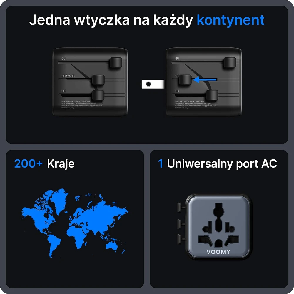 Voomy universalus kelioninis elektros lizdo adapteris 2500 W, 170+ šalių, Y601