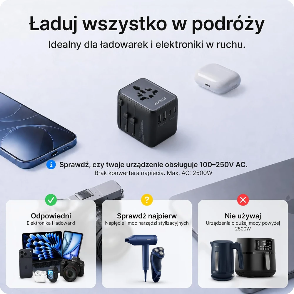 Voomy universalus kelioninis kištukų adapteris 2500 W su 3 USB-C ir 2 USB-A prievadais Y628