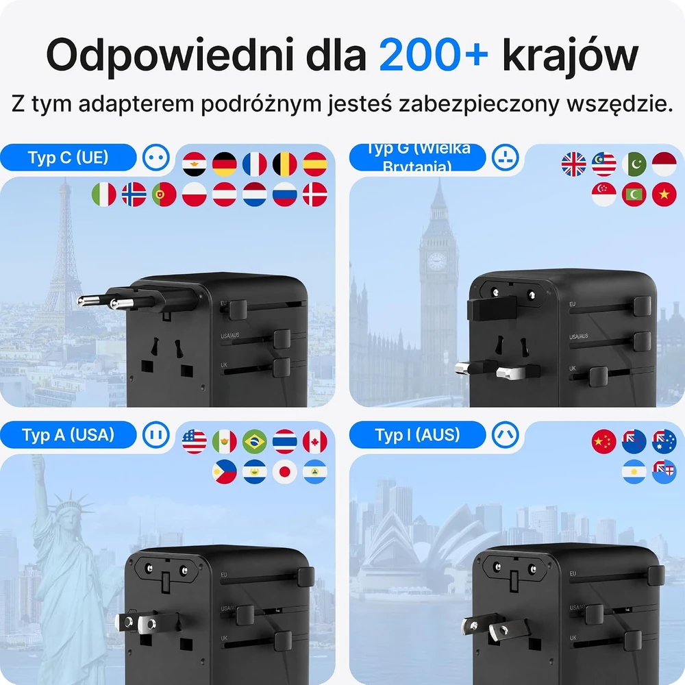 Voomy universalus kelioninis kištukų adapteris 2500 W su 3 USB-C ir 2 USB-A prievadais Y628