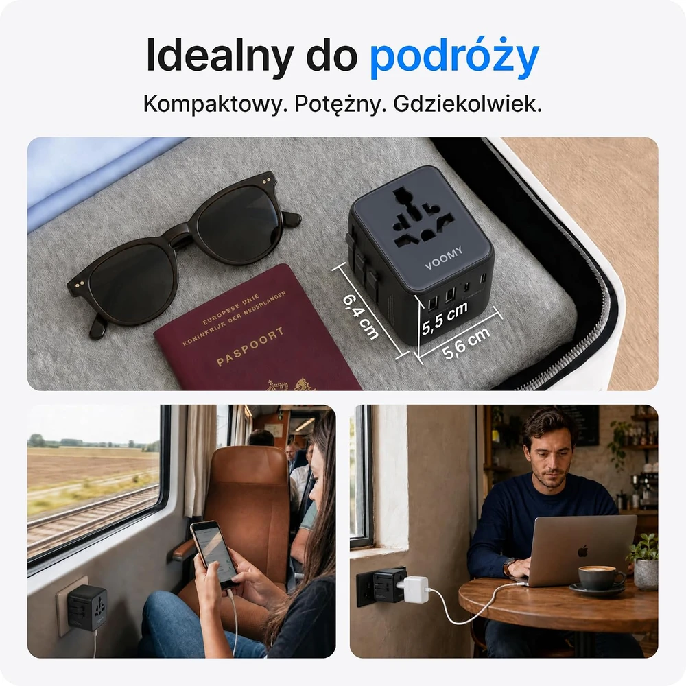 Voomy universalus kelioninis kištukų adapteris 2500 W su 3 USB-C ir 2 USB-A prievadais Y628