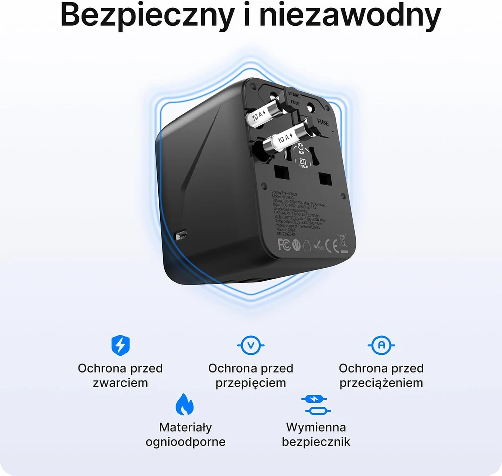 Voomy universalus kelioninis kištukų adapteris 2500 W su 3 USB-C ir 2 USB-A prievadais Y628