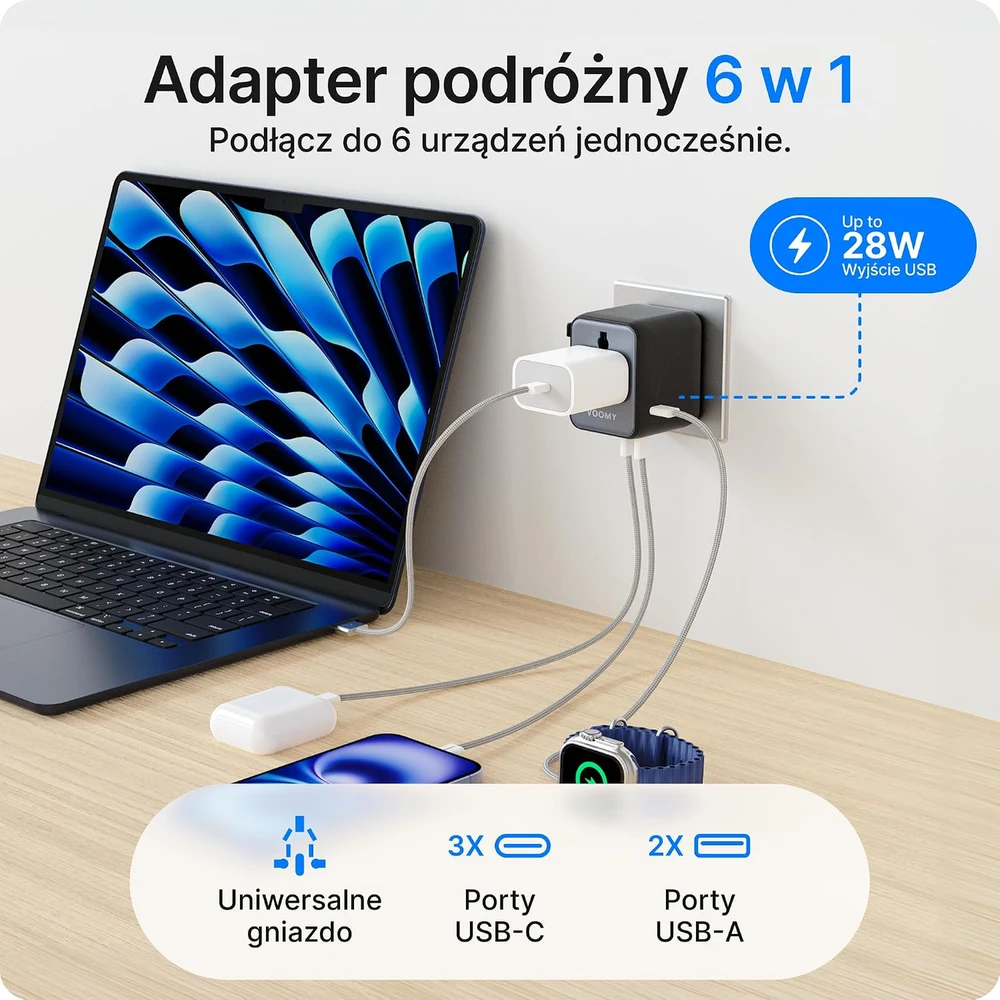 Voomy universalus kelioninis kištukų adapteris 2500 W su 3 USB-C ir 2 USB-A prievadais Y628