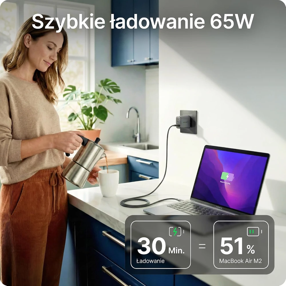 Voomy USB-C GaN įkroviklis 65 W su 2 USB-C ir USB-A jungtimis M6