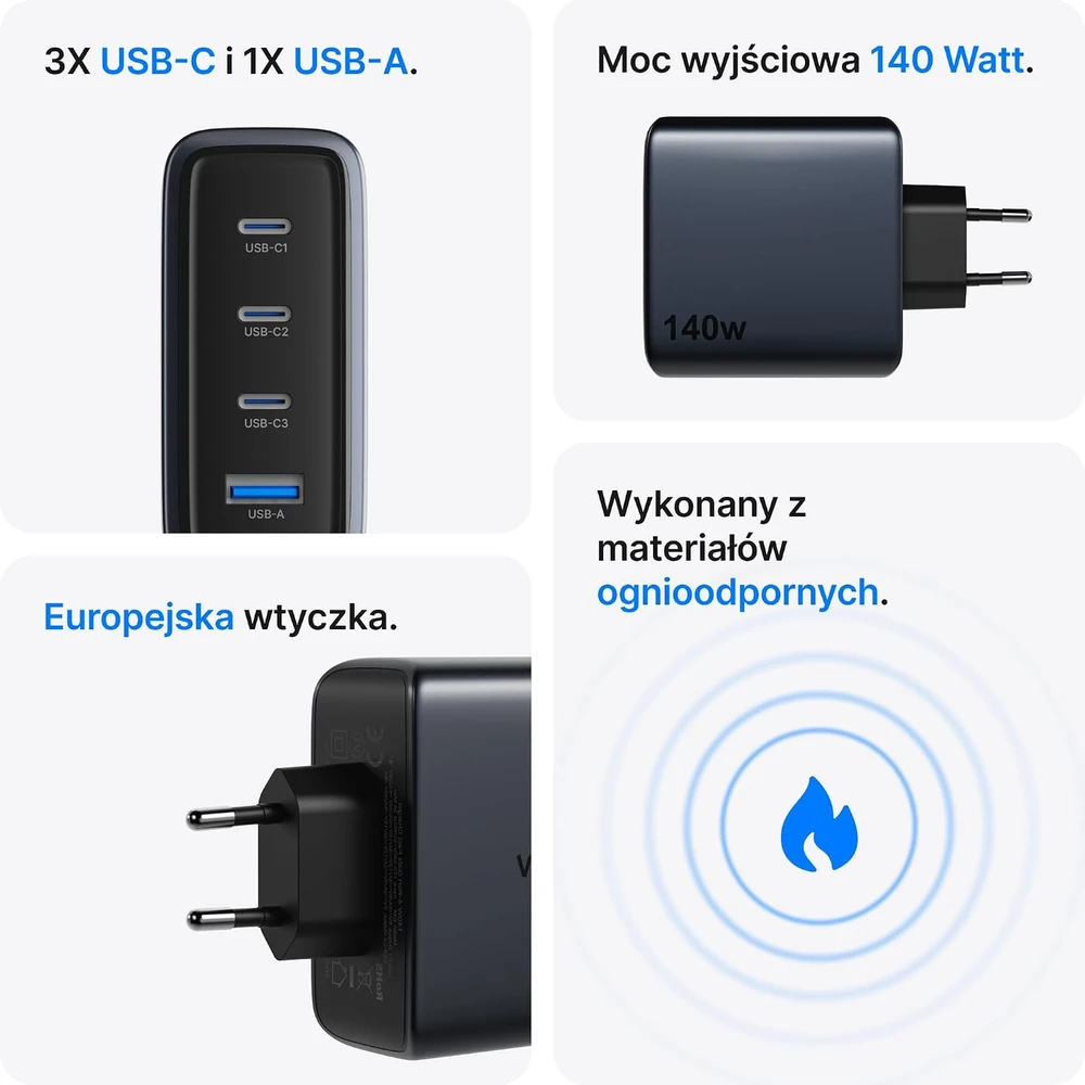 Voomy USB-C GaN tinklo įkroviklis 140 W su 3 USB-C ir USB-A jungtimis M6140
