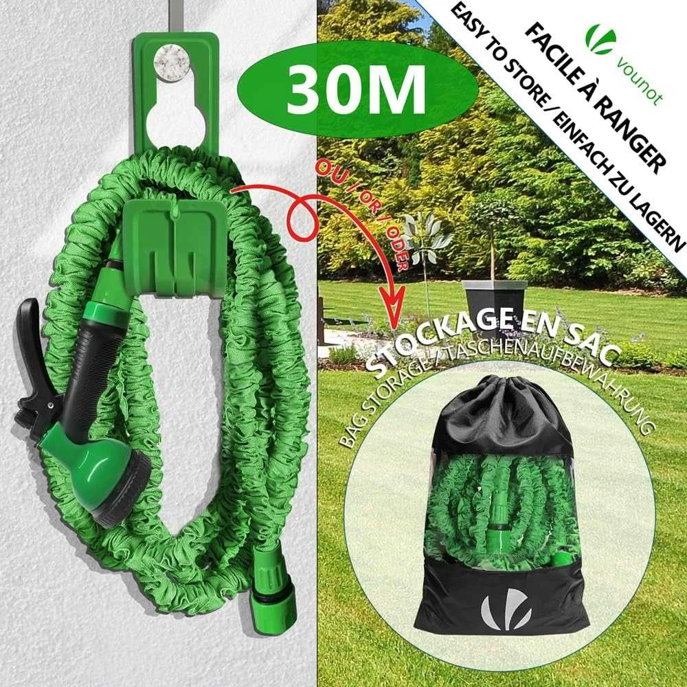 VOUNOT elastinga laistymo žarna 30 m, 1/2 ir 3/4 colių jungtys, 10 purškimo režimų, žalia