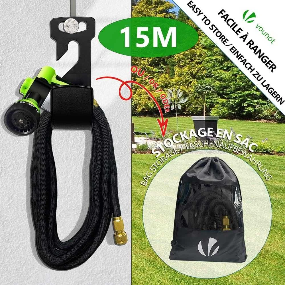 VOUNOT elastinga sodo laistymo žarna 15 m su 8 purškimo funkcijomis, juoda