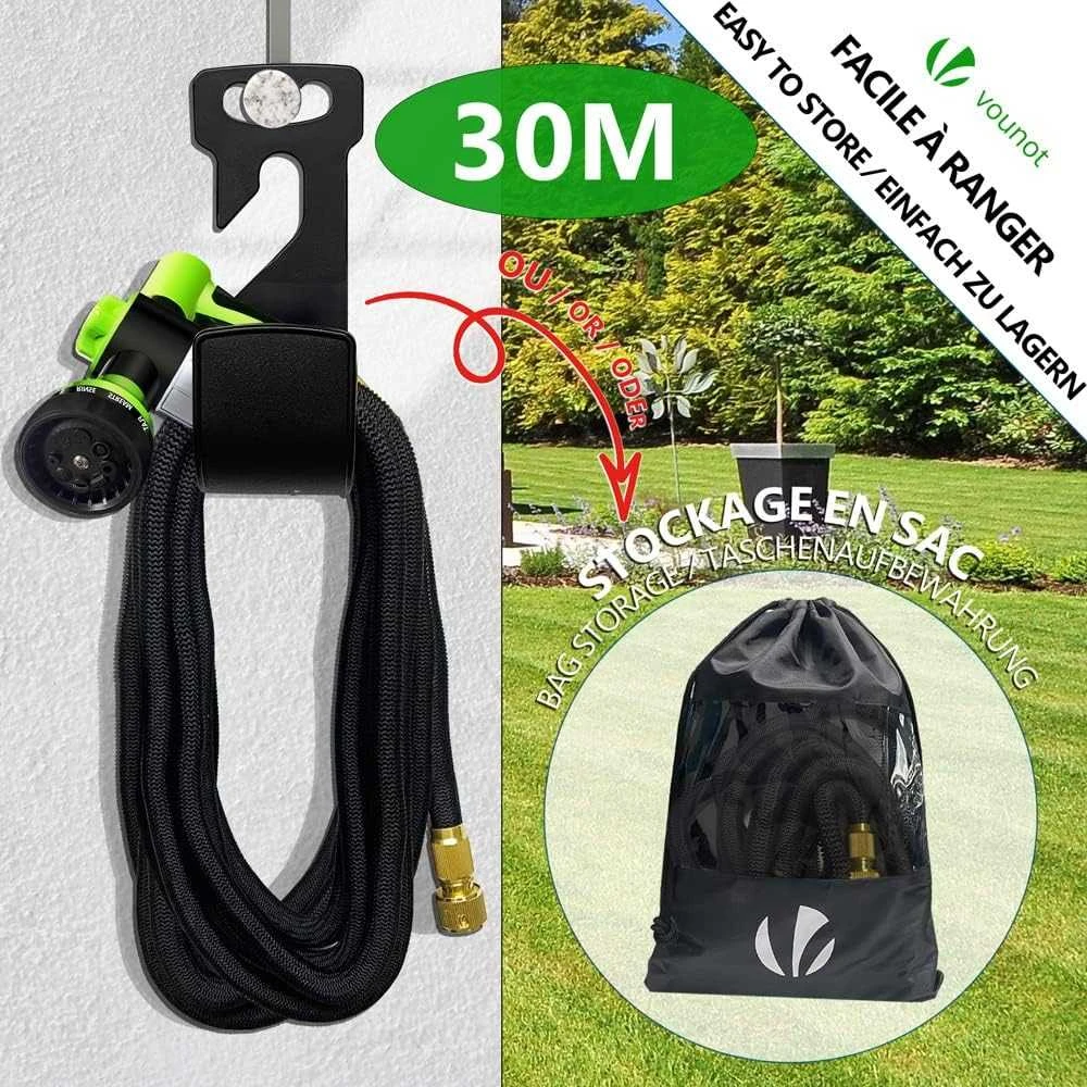 VOUNOT elastinga sodo laistymo žarna 30 m su 8 purkštuko funkcijomis, plovimo talpykla ir sieniniu laikikliu