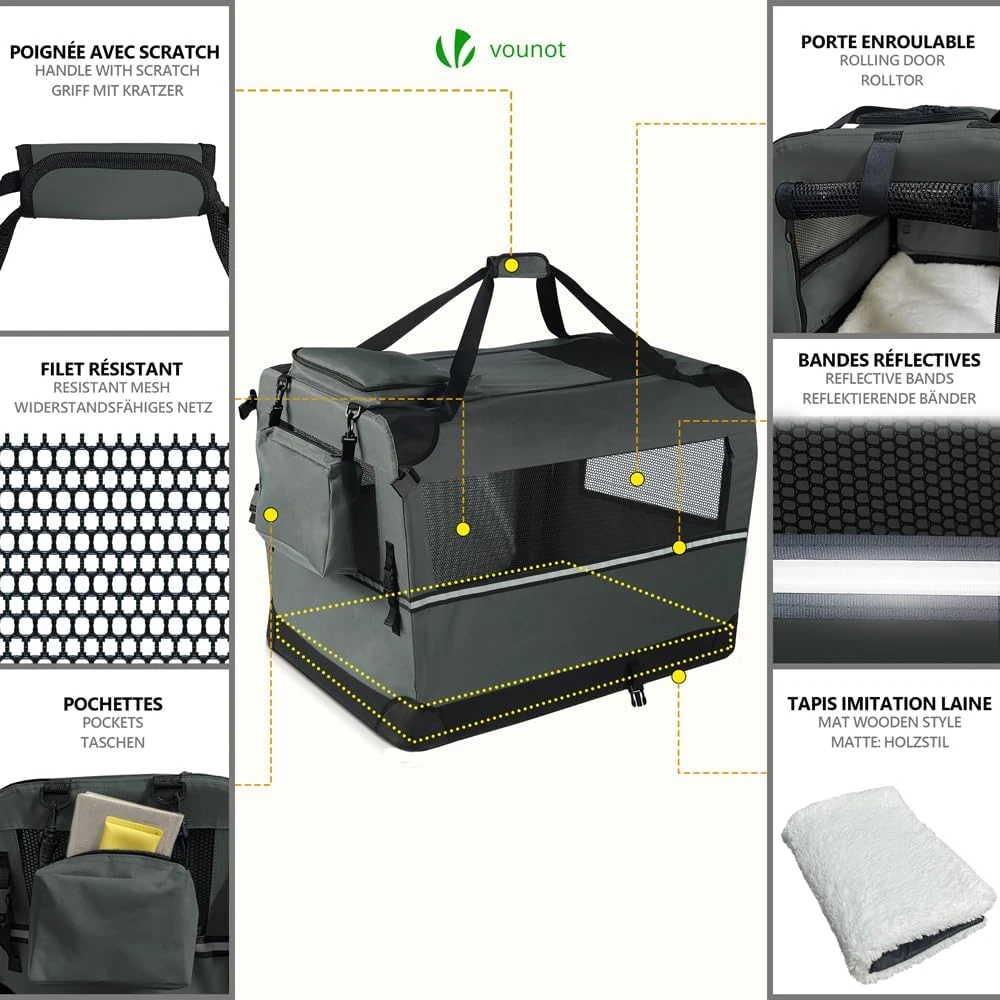 VOUNOT sulankstomas transportavimo krepšys šunims ir katėms 70 × 52 × 52 cm, pilkas, 8425468232029
