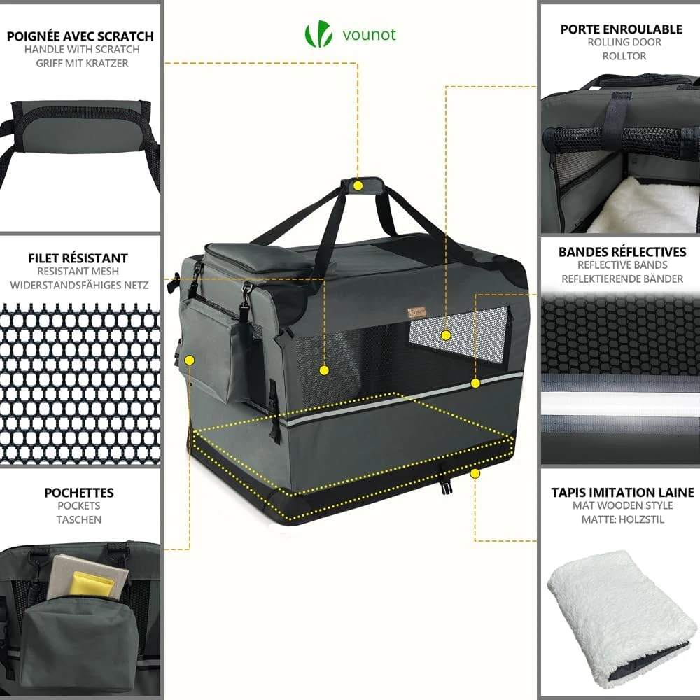 VOUNOT sulankstomas transportavimo krepšys šunims ir katėms M 60 × 44 × 44 cm, pilkas