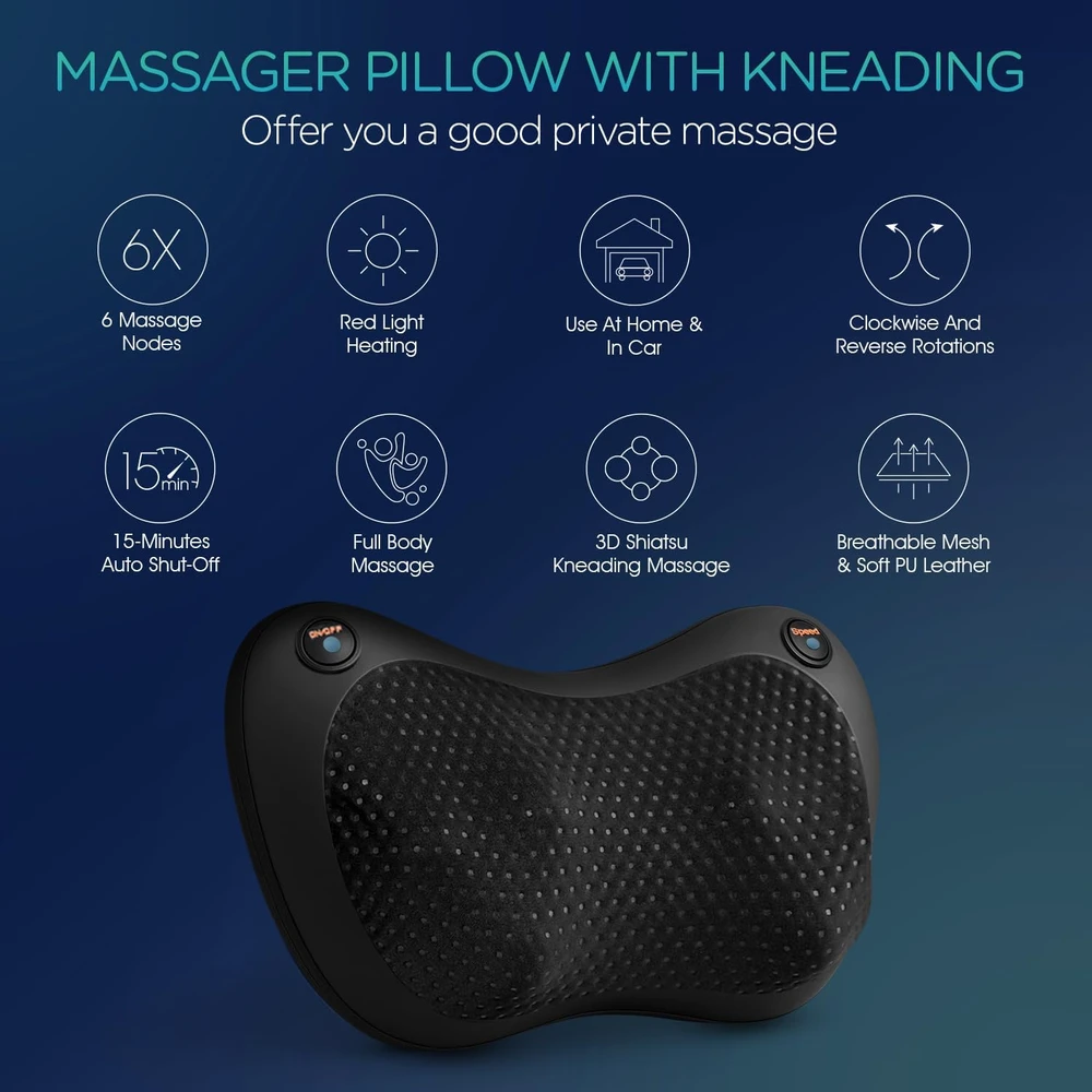 VOYOR-HEALTH Shiatsu masažinė pagalvė kaklui ir nugarai su šildymu, 6 mazgais YZ100