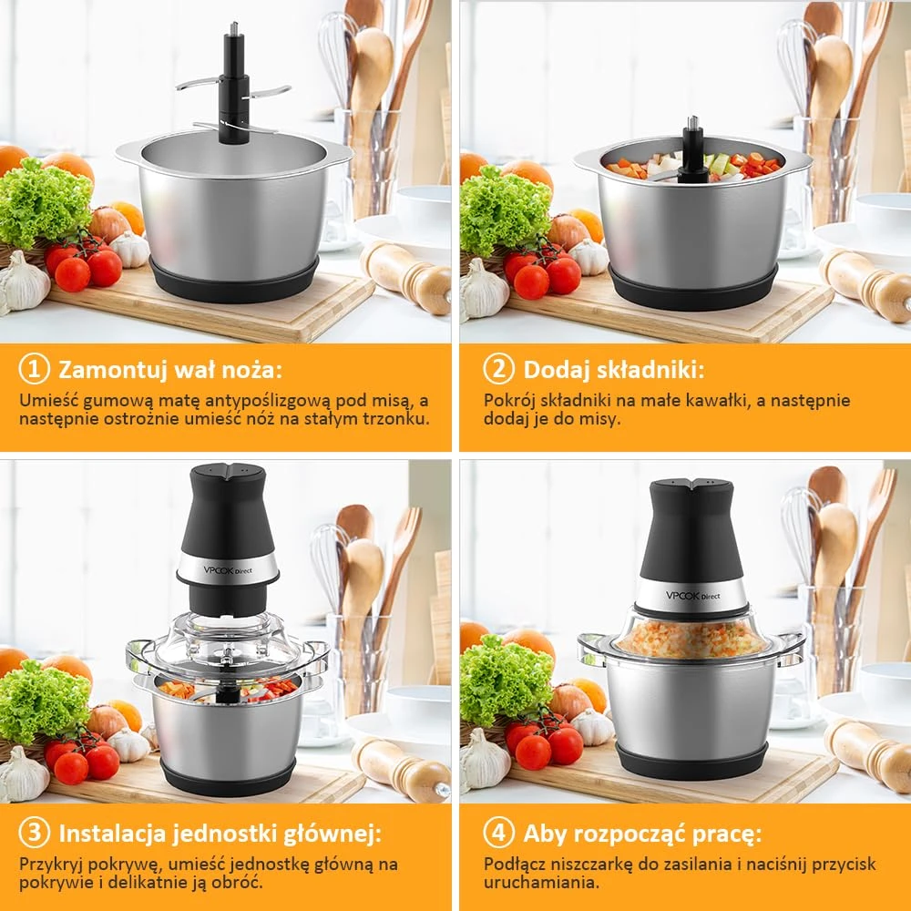 Vpcok Direct elektrinis virtuvinis smulkintuvas 1,2 l talpa 400 W nerūdijančio plieno DE5666