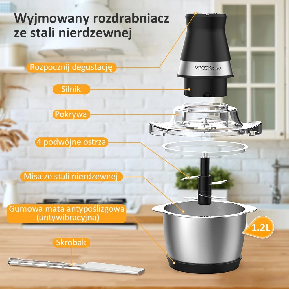 Vpcok Direct elektrinis virtuvinis smulkintuvas 1,2 l talpa 400 W nerūdijančio plieno DE5666